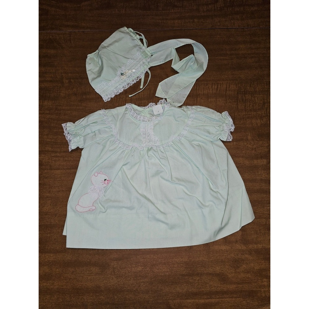 Vtg Nanette 2pc Baby Doll Dress Hat Mint Green Lace Applique Kitty Cat 28136 F34